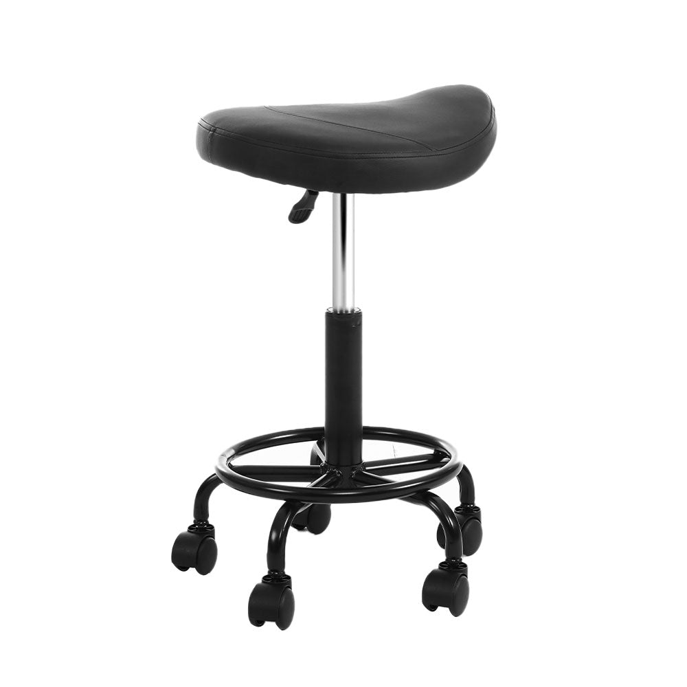 Saddle Seat Salon Stool PU Leather Swivel Hydraulic Lift Chair - Black on Black Homecoze