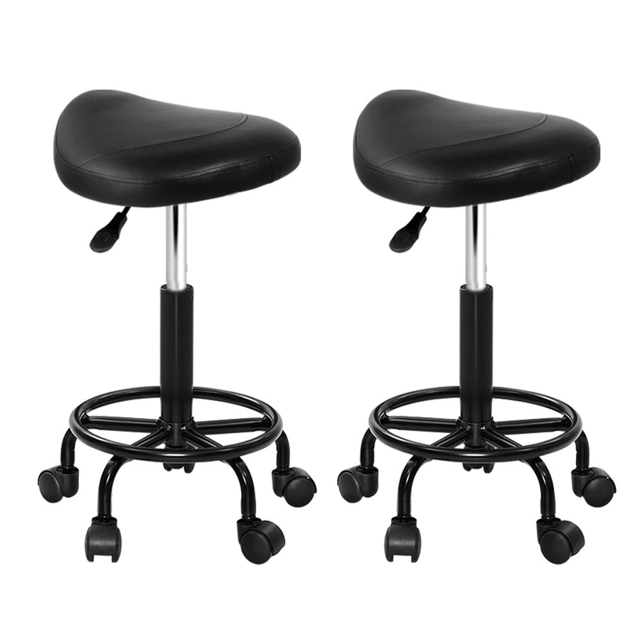 Set of 2 Saddle Seat Salon Stools PU Leather Swivel Hydraulic Lift Chair - Black on Black Homecoze