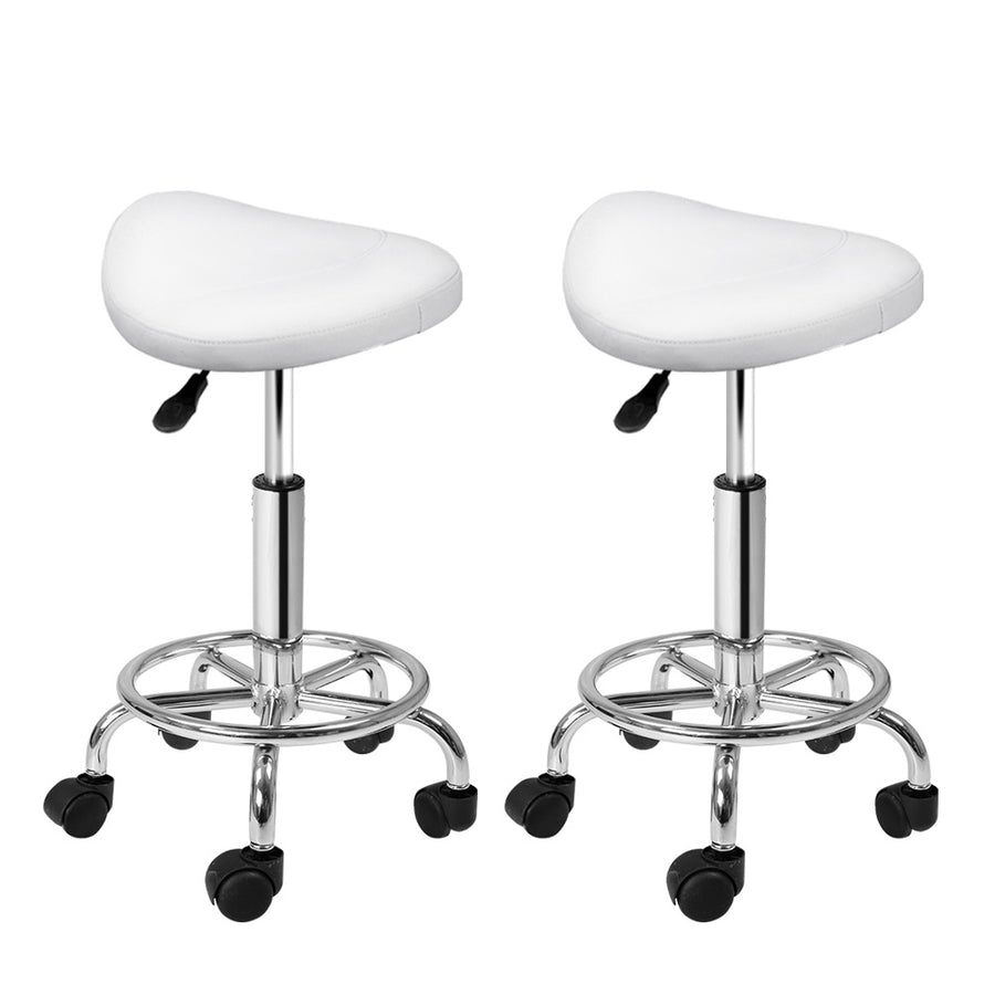 Set of 2 Saddle Seat Salon Stools PU Leather Swivel Hydraulic Lift Chair - White Homecoze