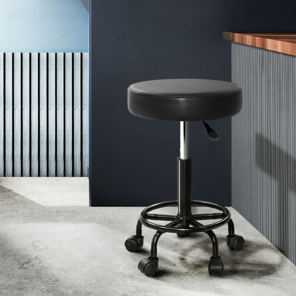 Round Salon Stool PU Leather Swivel Hydraulic Lift Chair - Black on Black Homecoze