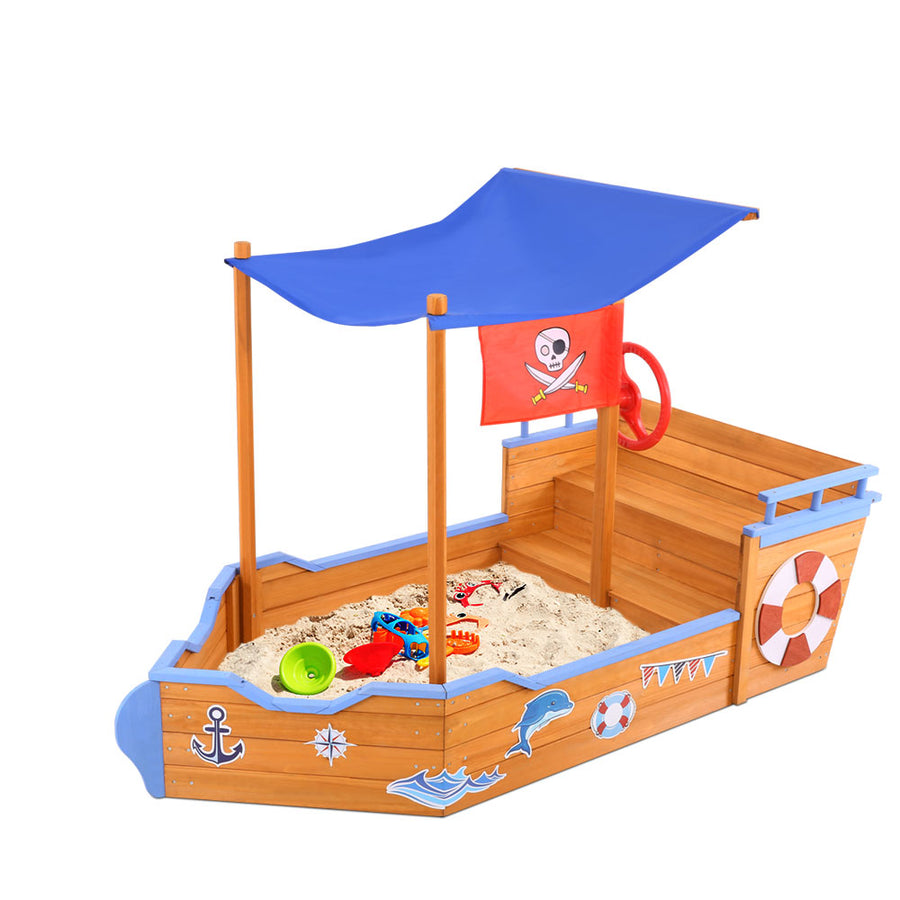 Wooden Outdoor Boat Shaped Sand Box Pit Set with Canopy - Natural Wood Homecoze