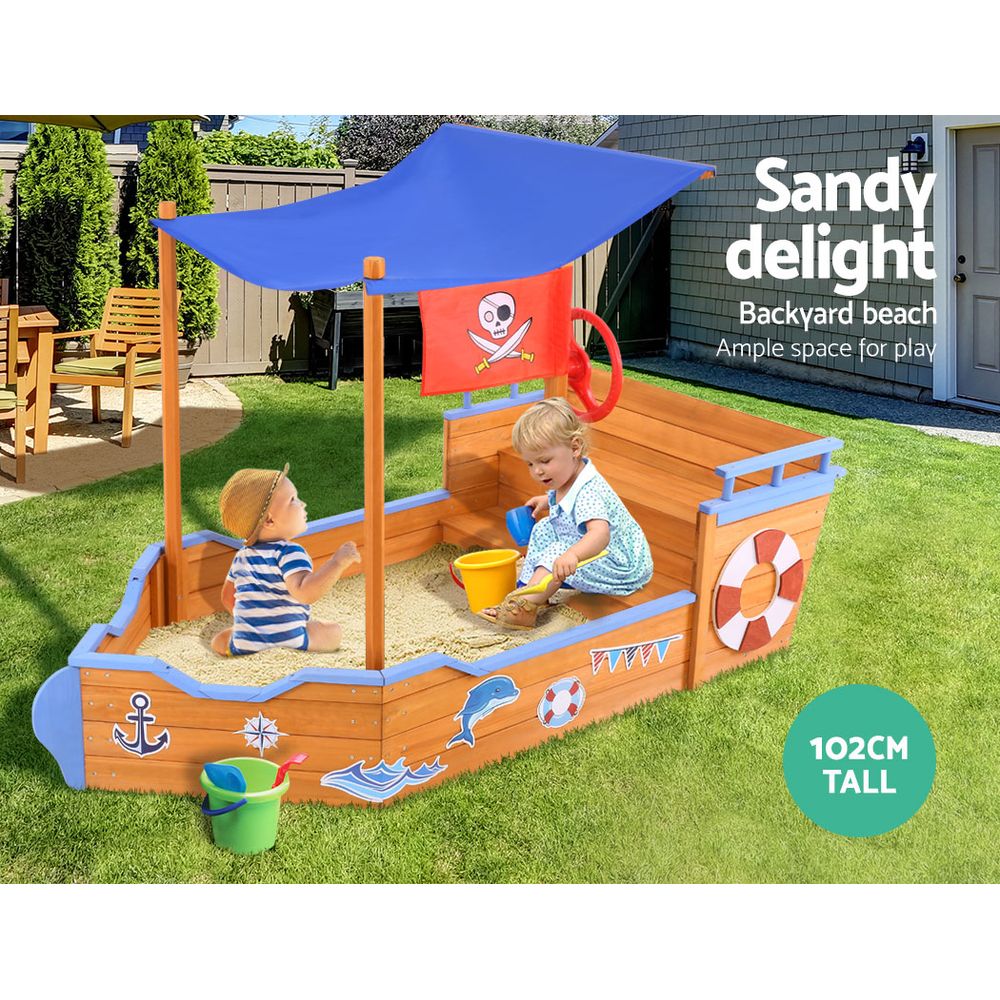 Wooden Boat Shaped Sand Box with Canopy - Homecoze