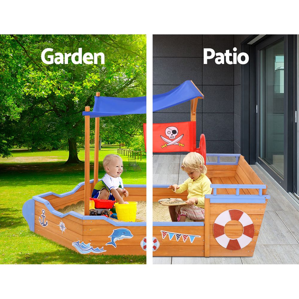 Wooden Boat Shaped Sand Box with Canopy - Homecoze