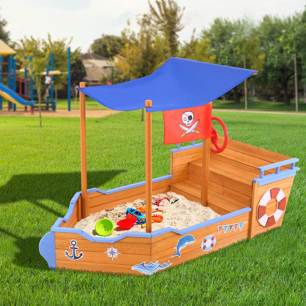 Wooden Boat Shaped Sand Box with Canopy - Homecoze