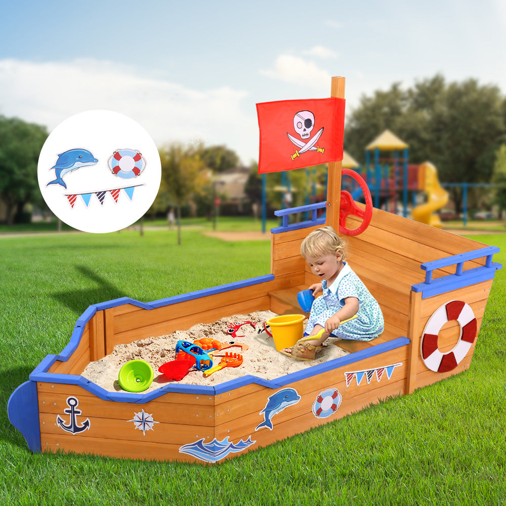 Wooden Outdoor Boat Shaped Sand Box Pit Set - Natural Wood - Homecoze