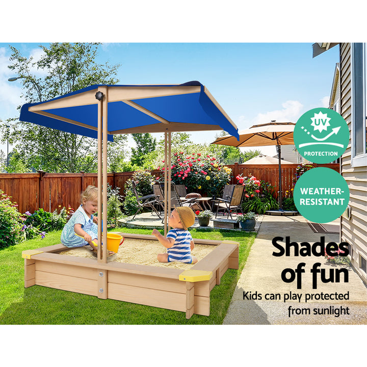 Wooden Outdoor Sand Box Pit Set with Adjustable Canopy Cover - Natural Wood Homecoze