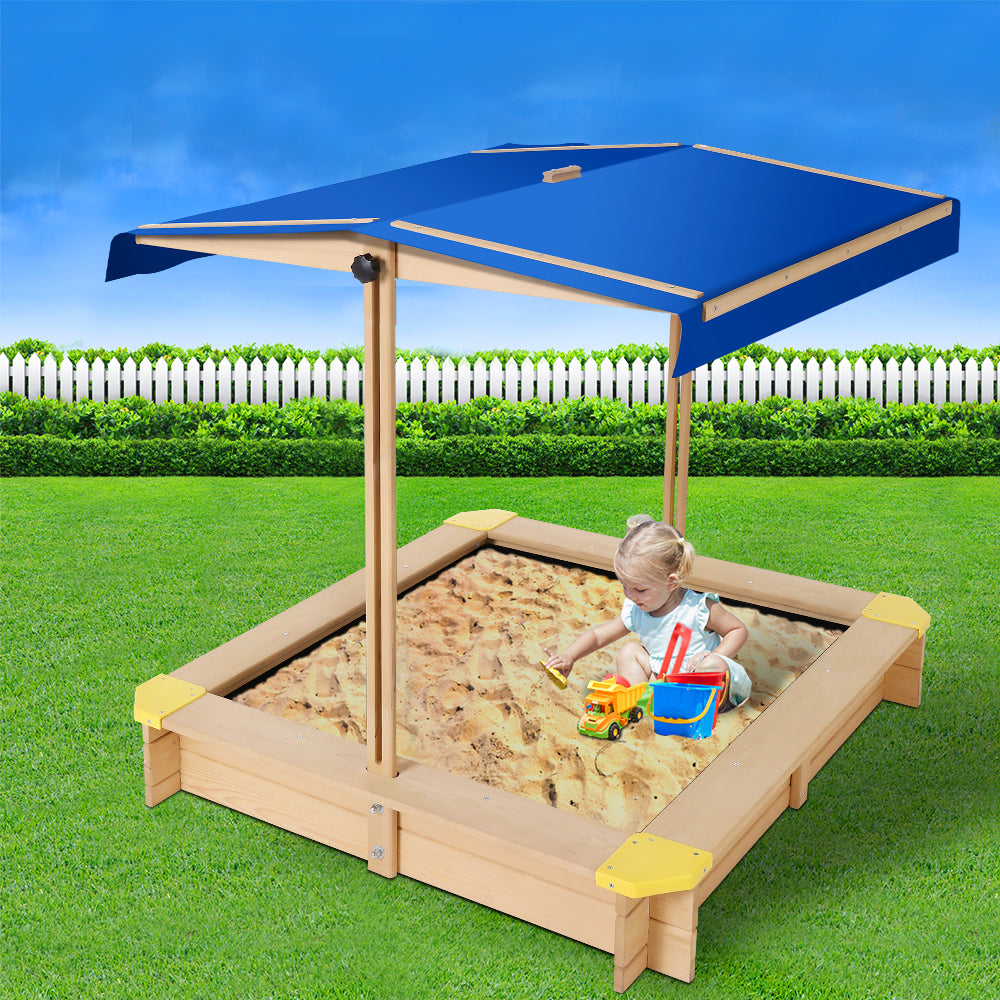 Wooden Outdoor Sand Box Pit Set with Adjustable Canopy Cover - Natural Wood Homecoze