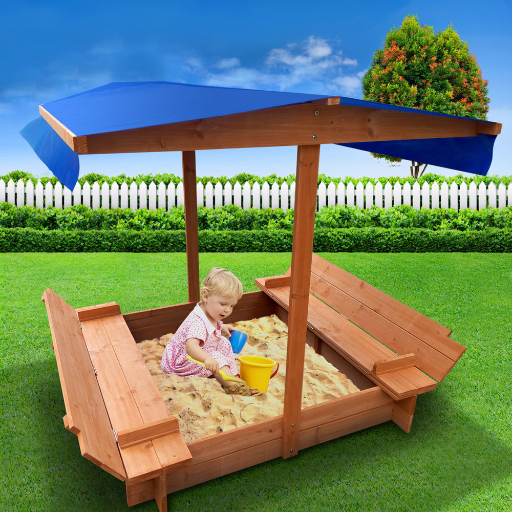 Wooden Outdoor Sand Box Pit Set with Canopy & Folding Chair Cover - Natural Wood Homecoze