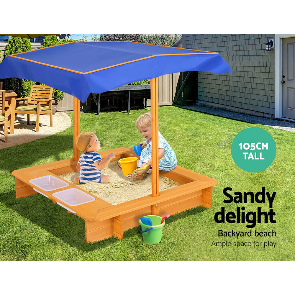 Wooden Outdoor Sand Box & Bucket Set with Adjustable Canopy Cover - Natural Wood Homecoze