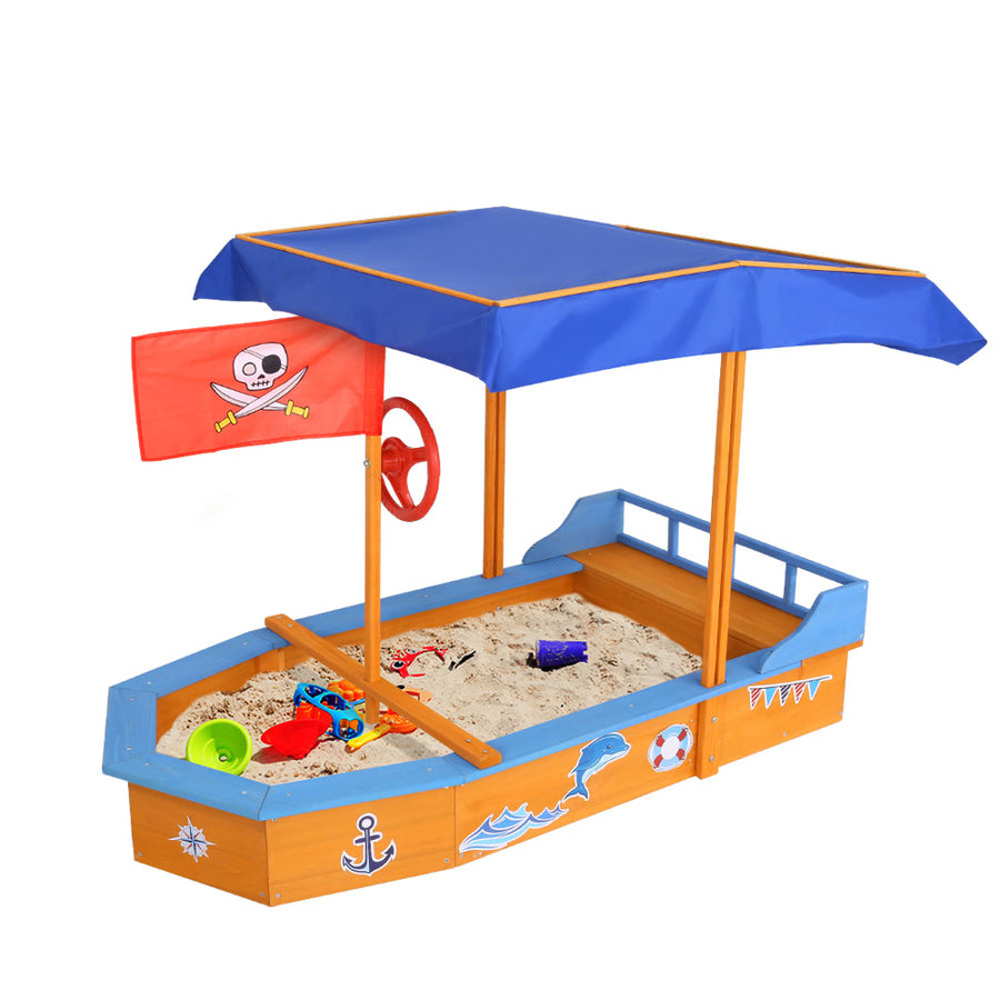 Wooden Outdoor Boat Shaped Sand Box Pit Set with Large Canopy - Natural Wood Homecoze