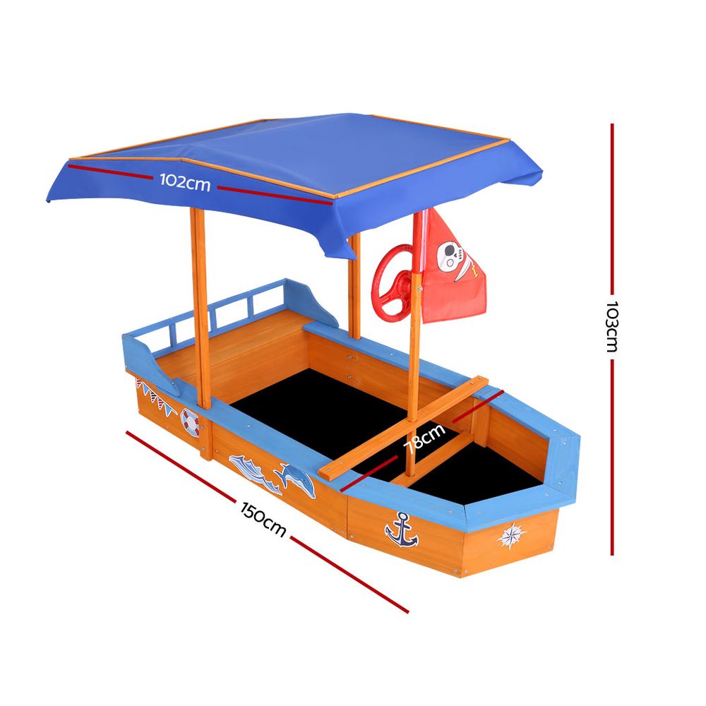 Wooden Boat Shaped Sand Box with Large Canopy - Homecoze