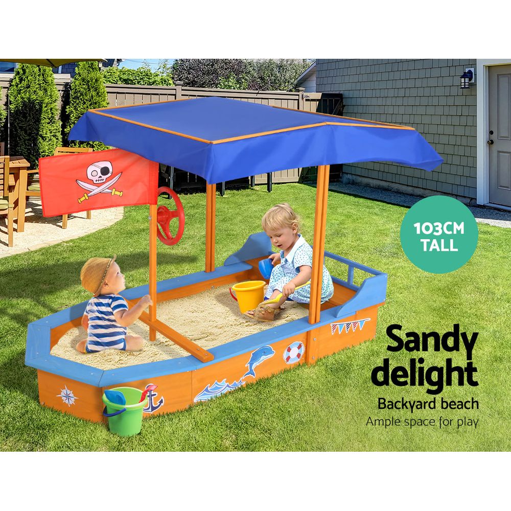 Wooden Boat Shaped Sand Box with Large Canopy - Homecoze
