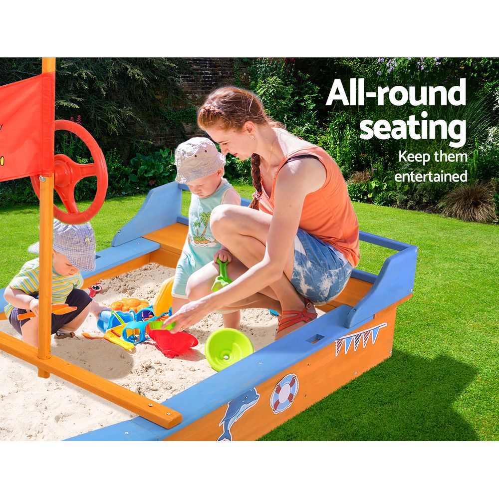 Wooden Outdoor Boat Shaped Sand Box Pit Set with Large Canopy - Natural Wood Homecoze