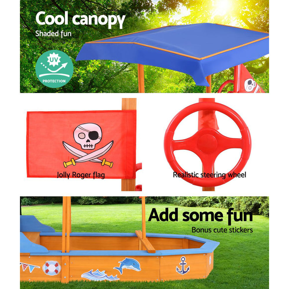 Wooden Boat Shaped Sand Box with Large Canopy - Homecoze