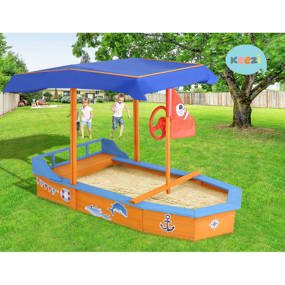 Wooden Outdoor Boat Shaped Sand Box Pit Set with Large Canopy - Natural Wood Homecoze