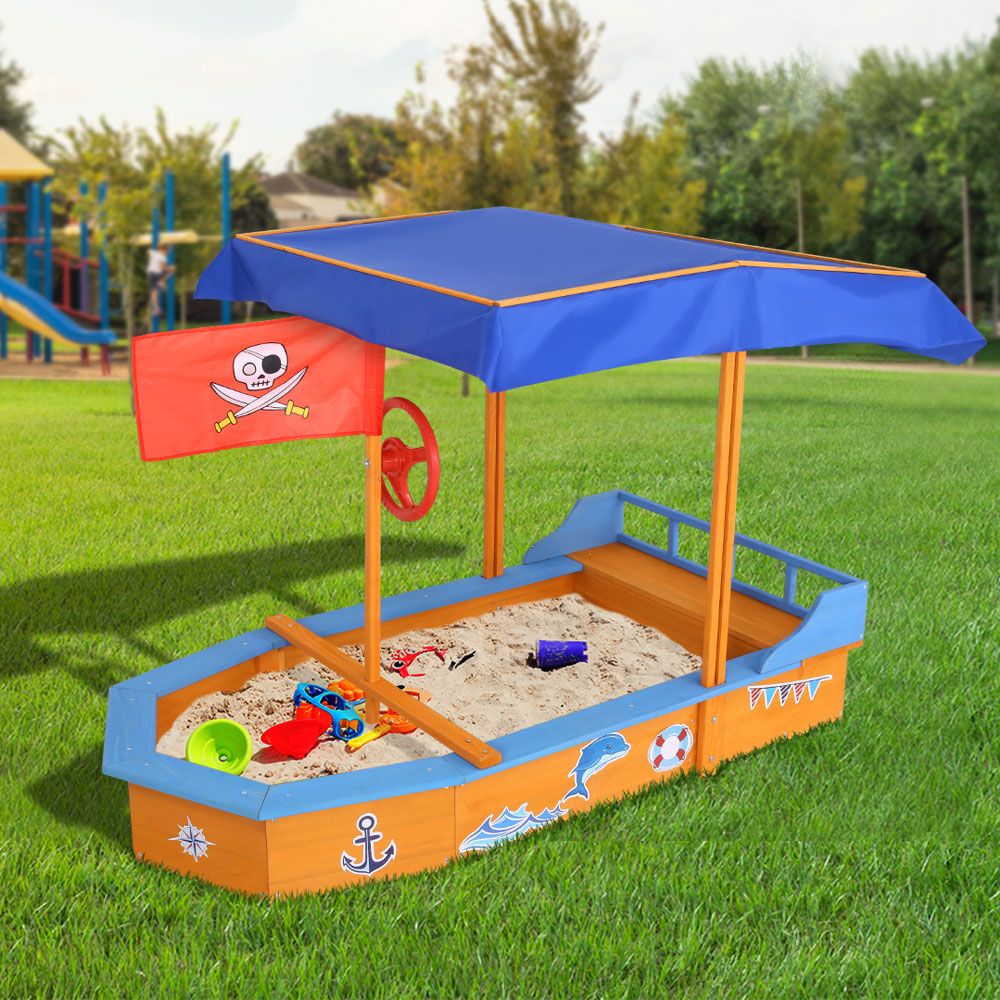 Wooden Outdoor Boat Shaped Sand Box Pit Set with Large Canopy - Natural Wood Homecoze