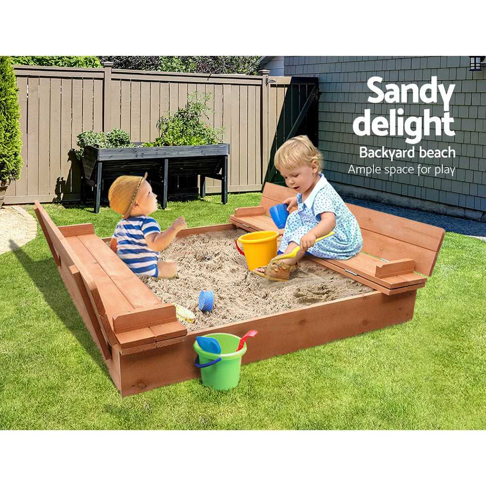 Wooden Outdoor Sand Box Pit Set with Foldable Seat Cover - Natural Wood - Homecoze