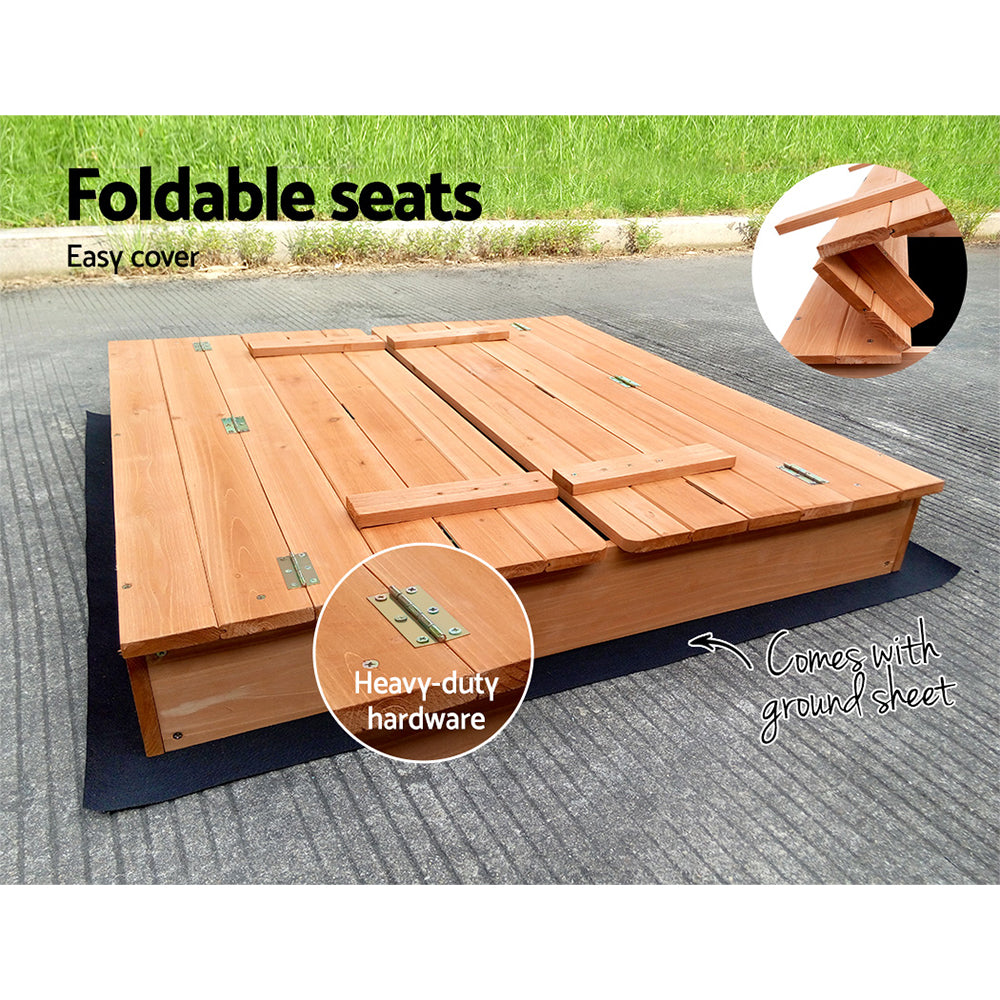 Wooden Outdoor Sand Box Pit Set with Foldable Seat Cover - Natural Wood - Homecoze
