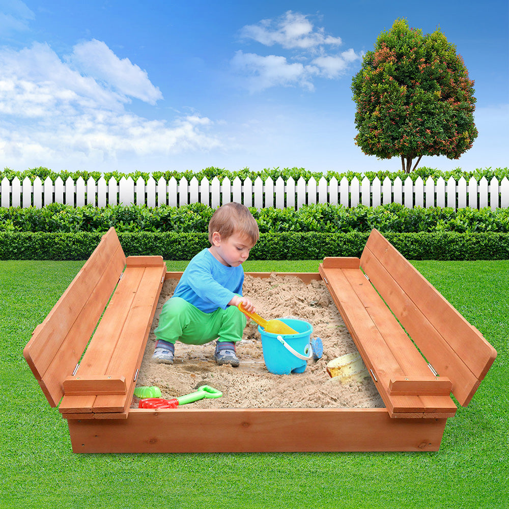 Wooden Outdoor Sand Box Pit Set with Foldable Seat Cover - Natural Wood - Homecoze