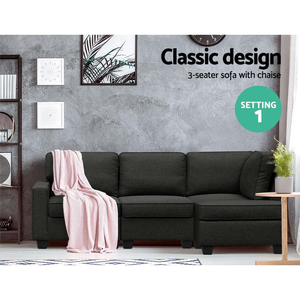 Sofa Lounge Set 4 Seater Modular Chaise Chair Couch Fabric Dark Grey Homecoze