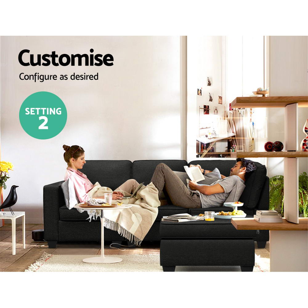 Sofa Lounge Set 4 Seater Modular Chaise Chair Couch Fabric Dark Grey Homecoze