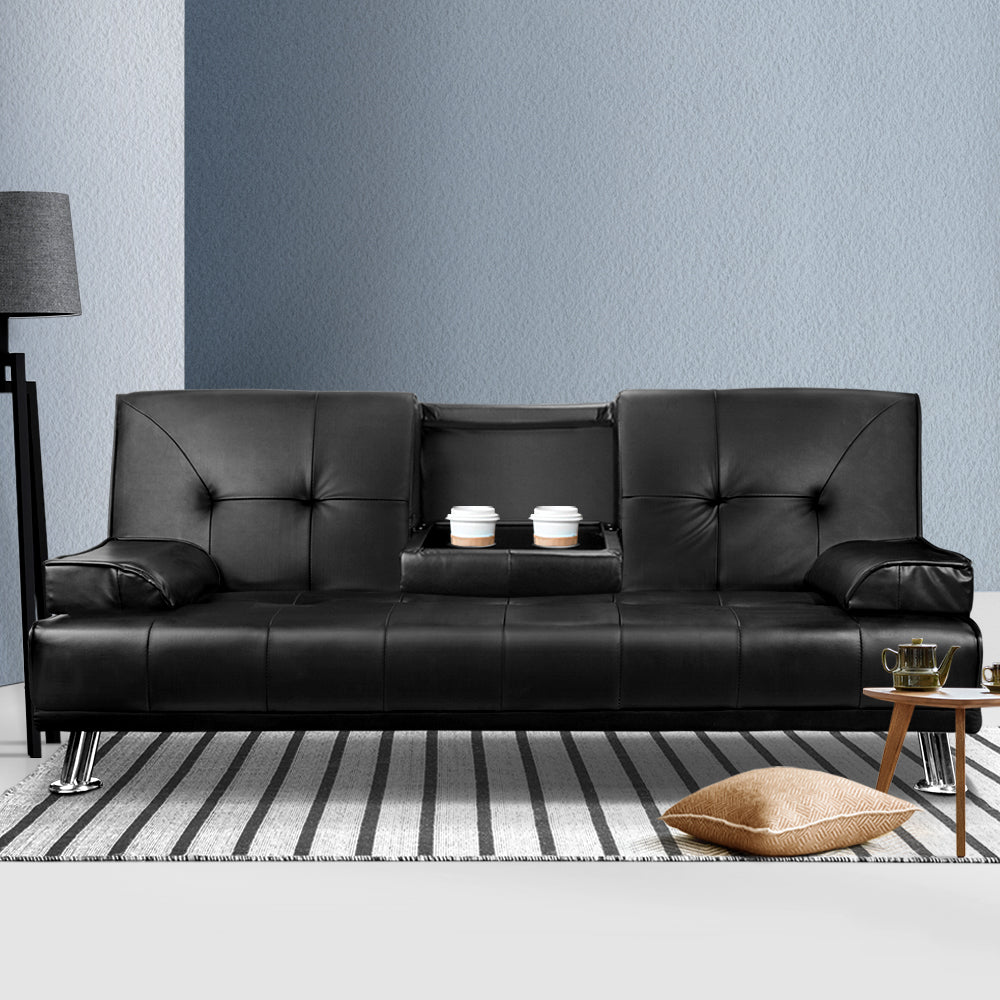 3 Seater PU Leather Sofa Bed - Black Homecoze