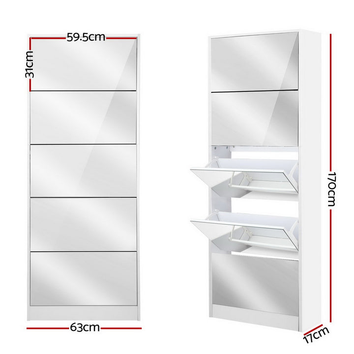 5 Drawer Mirrored Wooden Shoe Cabinet - White Homecoze