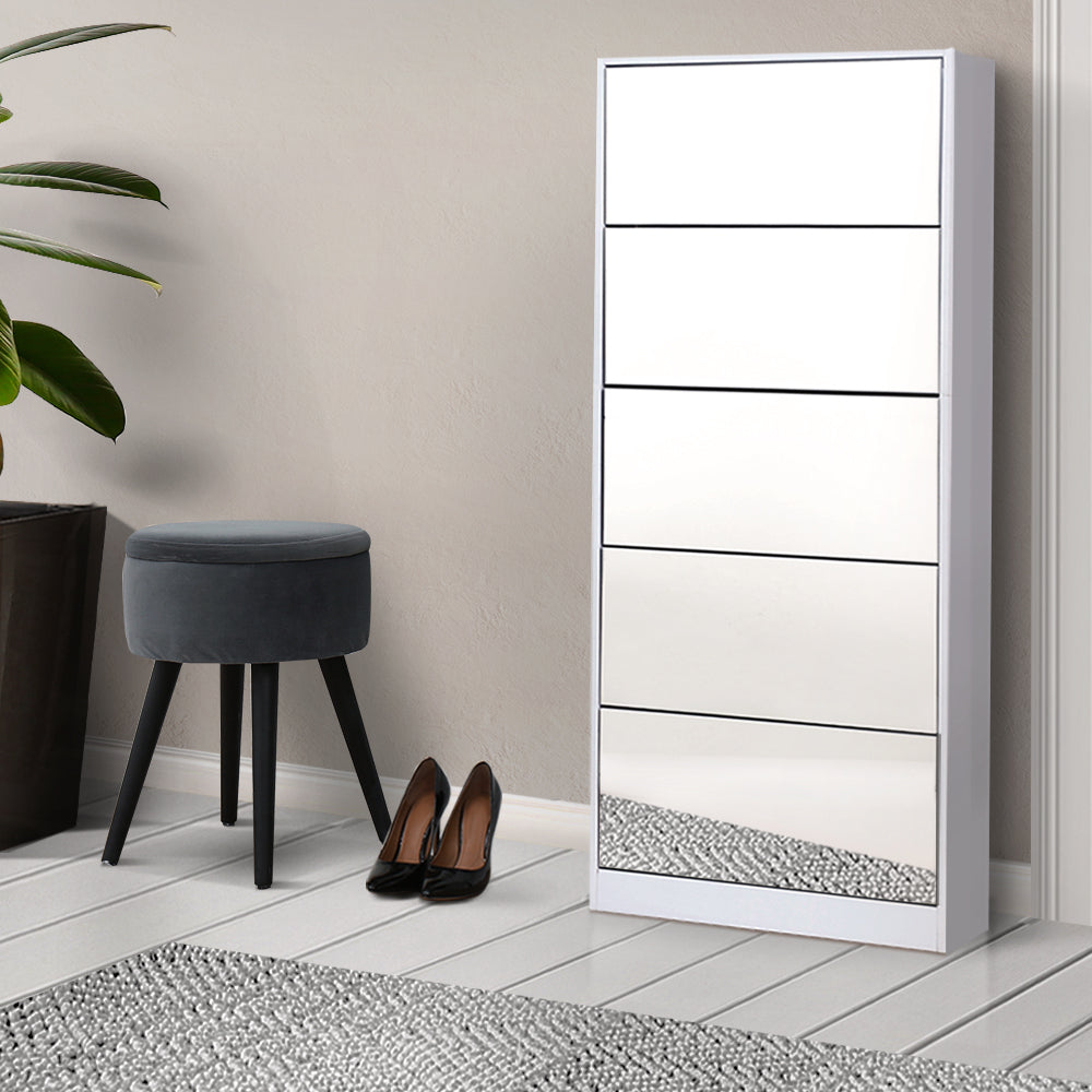 5 Drawer Mirrored Wooden Shoe Cabinet - White Homecoze