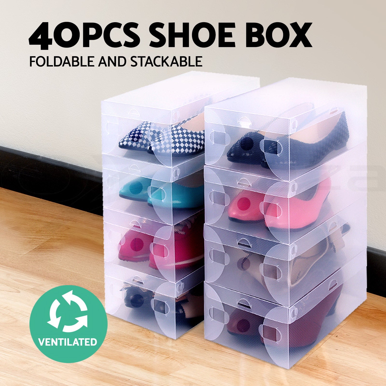 Set of 40 Clear Shoe Box Foldable Transparent Shoe Storage Stackable Case Homecoze