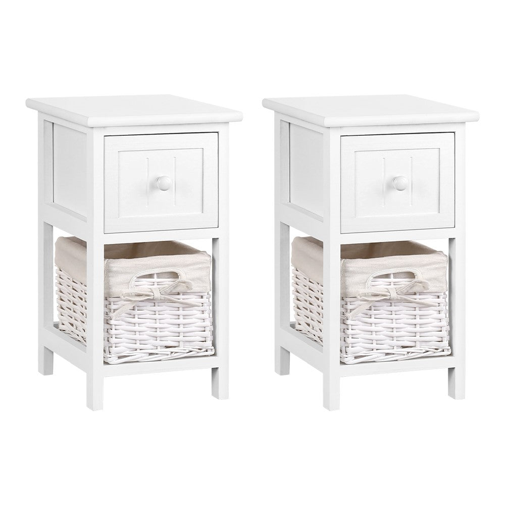 Set of 2 Mini Country Style Bedside Tables with Wicker Baskets - White - Homecoze