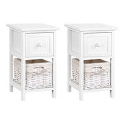 Set of 2 Mini Country Style Bedside Tables with Wicker Baskets - White - Homecoze