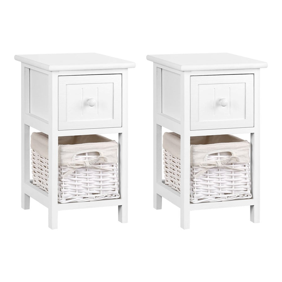 Set of 2 Mini Country Style Bedside Tables with Wicker Baskets - White Homecoze