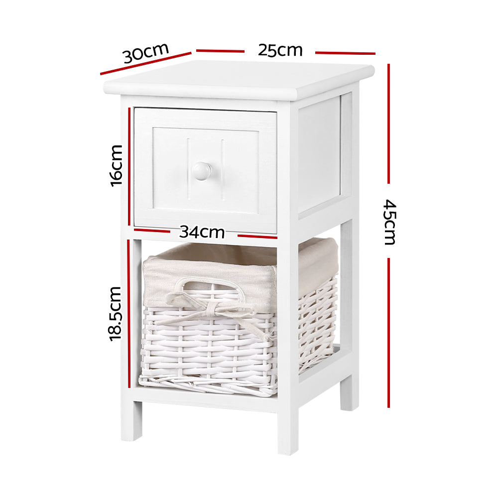 Set of 2 Mini Country Style Bedside Tables with Wicker Baskets - White - Homecoze