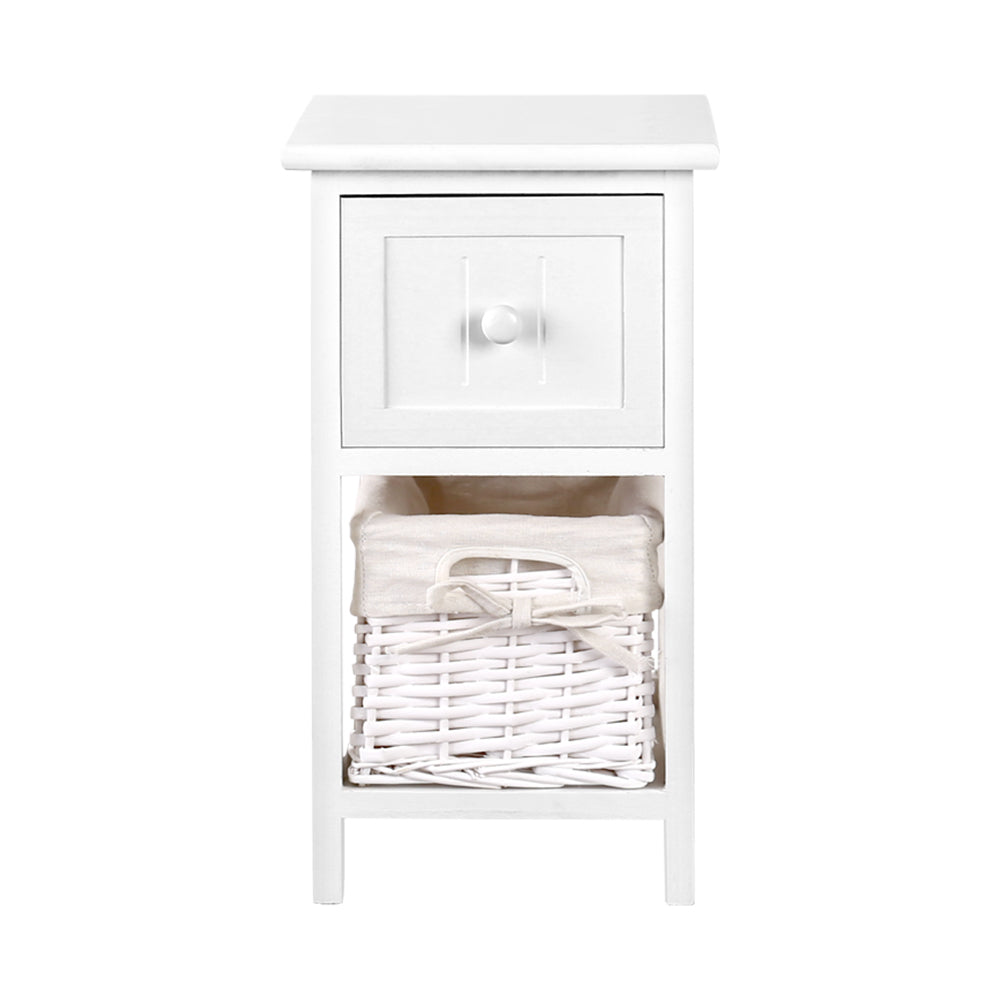 Set of 2 Mini Country Style Bedside Tables with Wicker Baskets - White - Homecoze