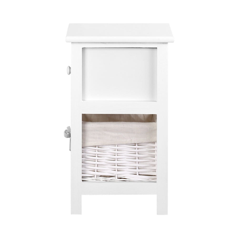 Set of 2 Mini Country Style Bedside Tables with Wicker Baskets - White - Homecoze
