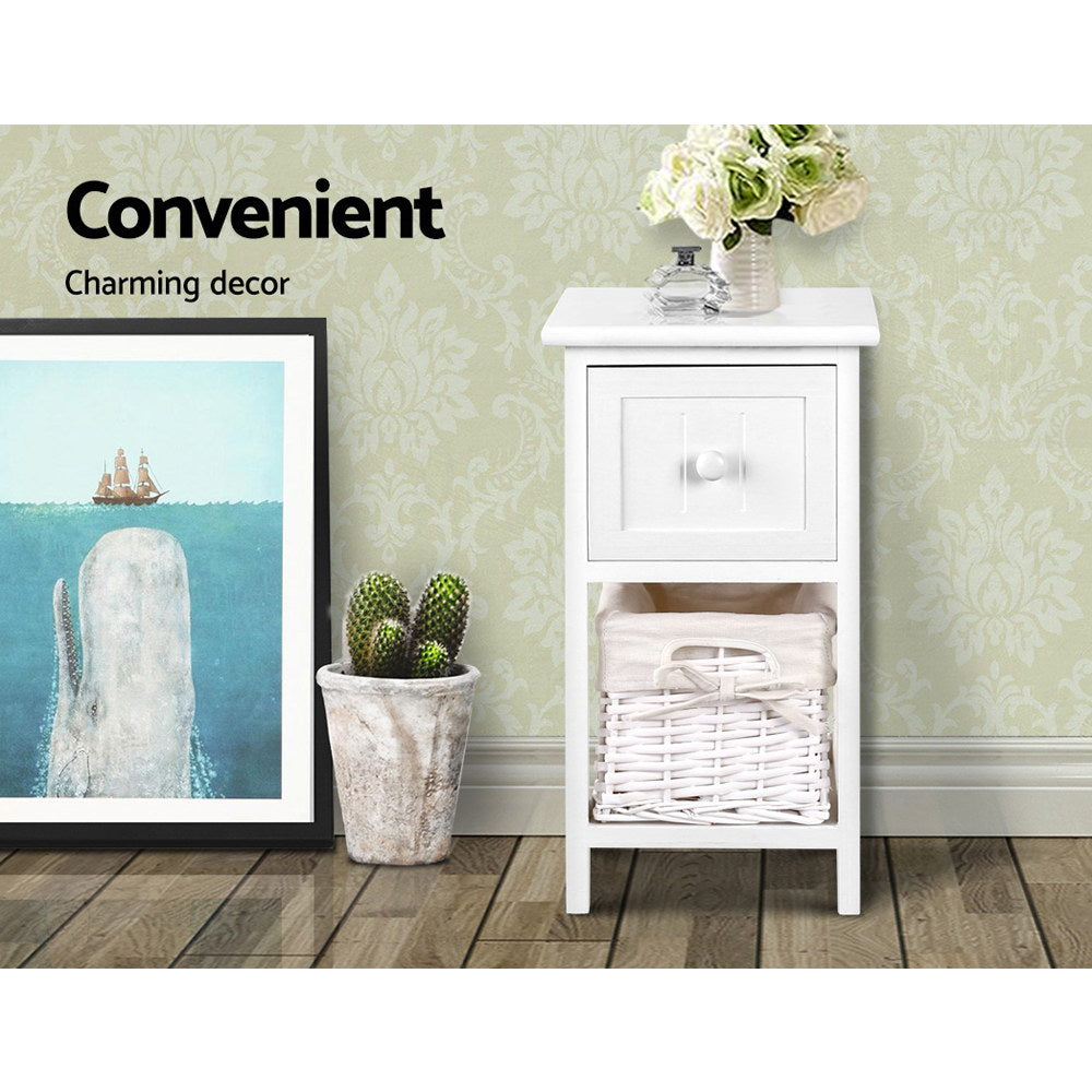 Set of 2 Mini Country Style Bedside Tables with Wicker Baskets - White - Homecoze