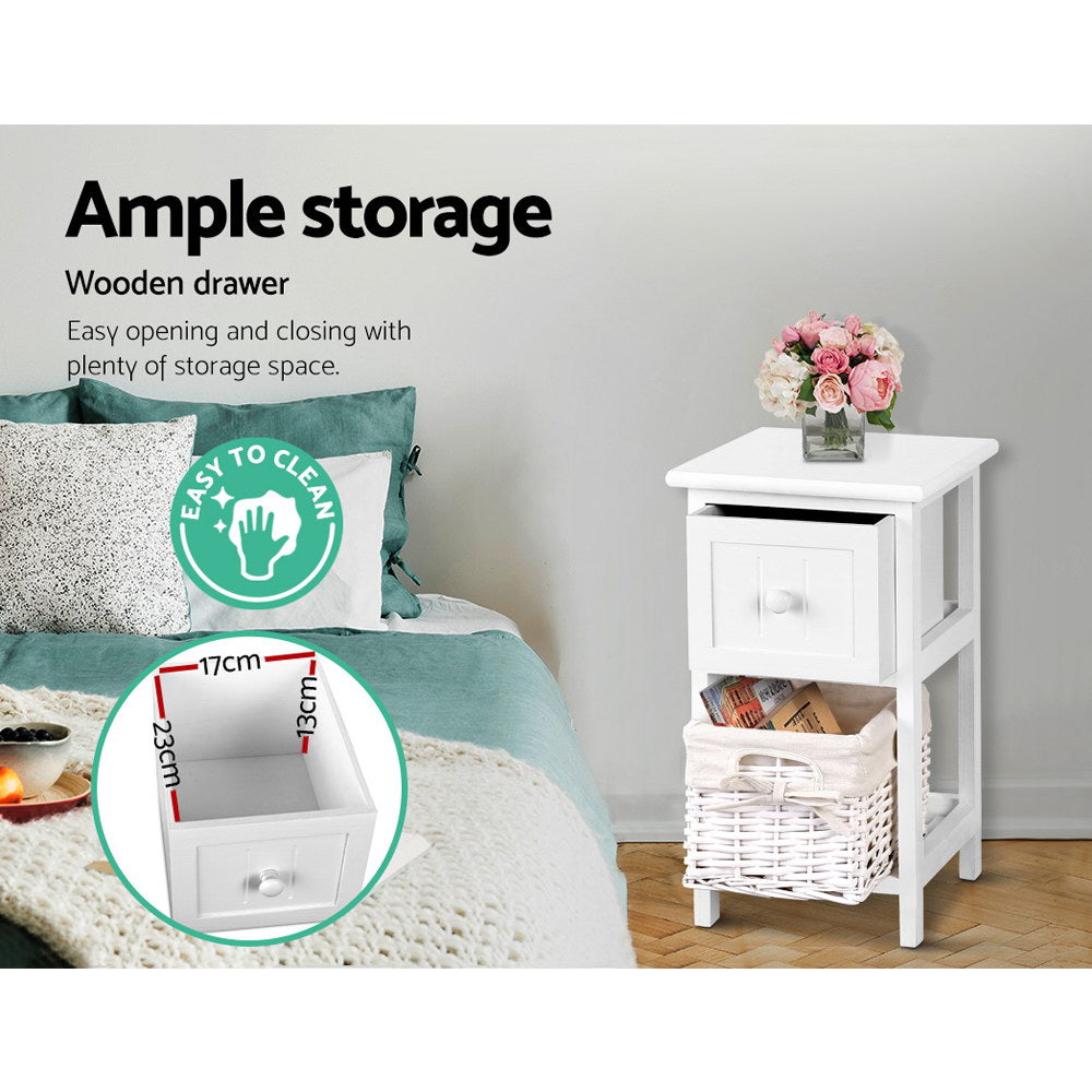 Set of 2 Mini Country Style Bedside Tables with Wicker Baskets - White - Homecoze