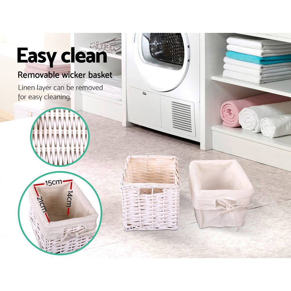 Set of 2 Mini Country Style Bedside Tables with Wicker Baskets - White - Homecoze
