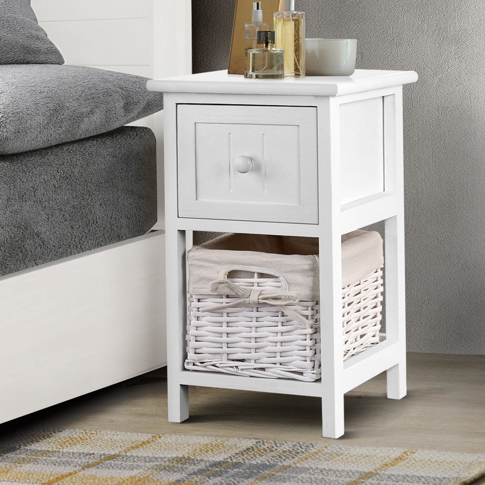 Set of 2 Mini Country Style Bedside Tables with Wicker Baskets - White - Homecoze
