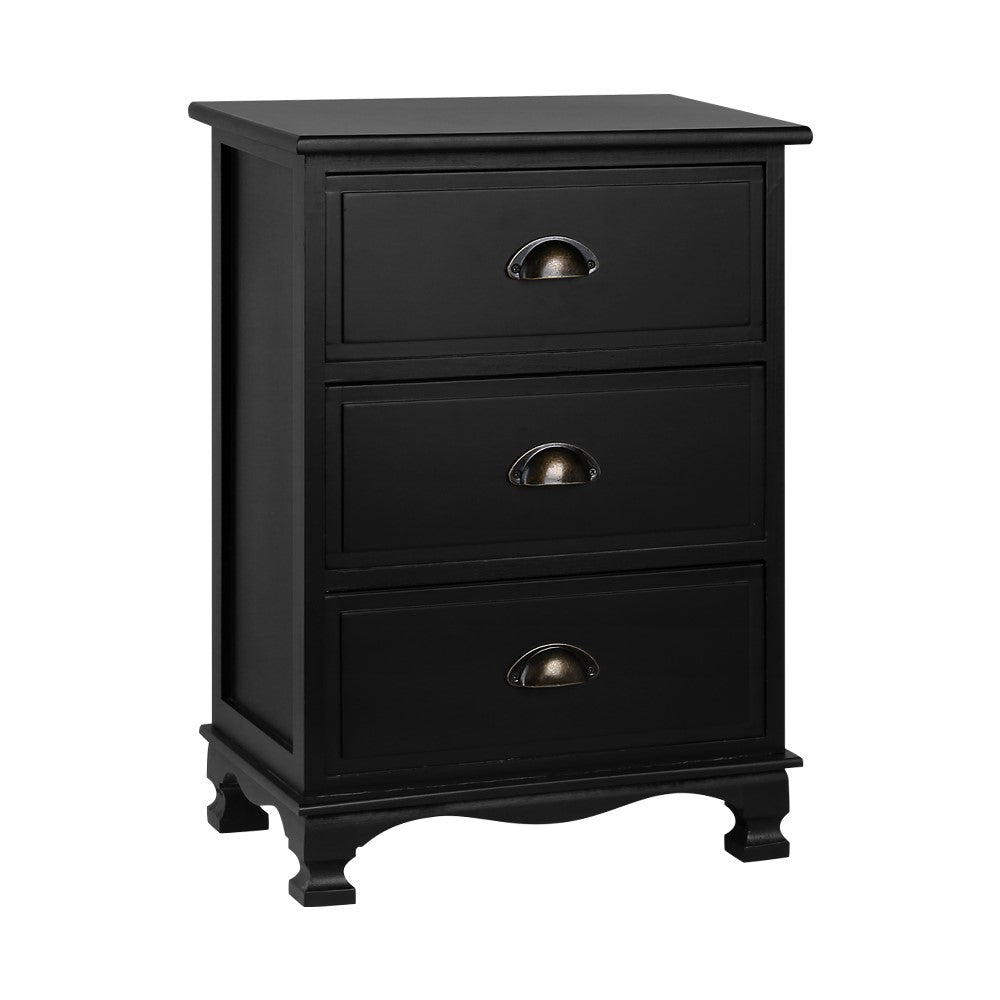 Vintage Style Retro 3 Drawer Bedside Table Chest of Drawers - Black - Homecoze