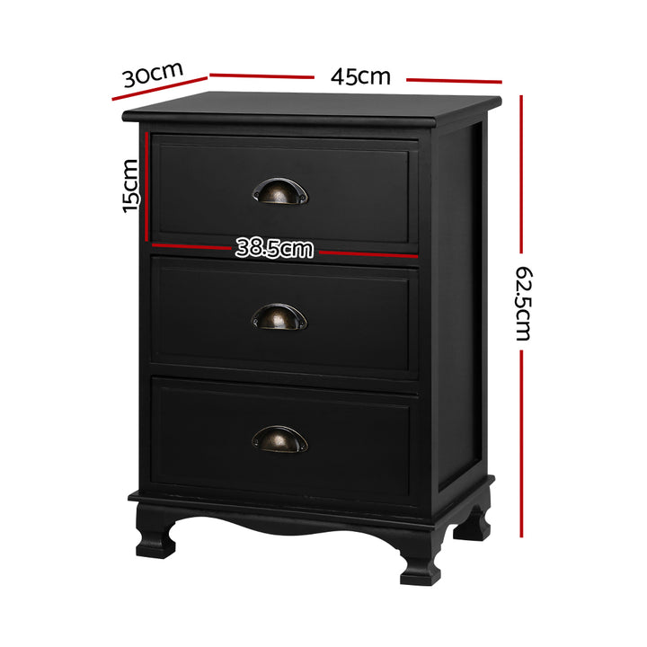 Vintage Style Retro 3 Drawer Bedside Table Chest of Drawers - Black Homecoze