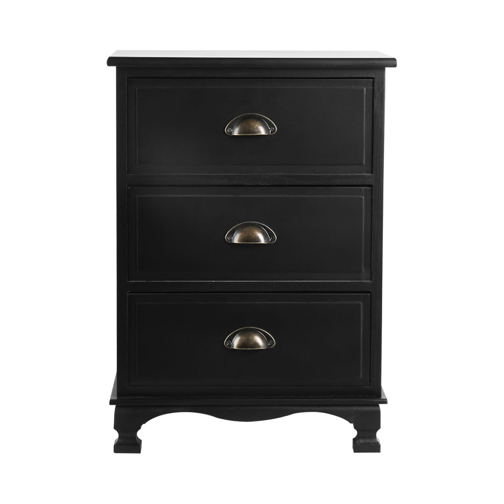 Vintage Style Retro 3 Drawer Bedside Table Chest of Drawers - Black - Homecoze