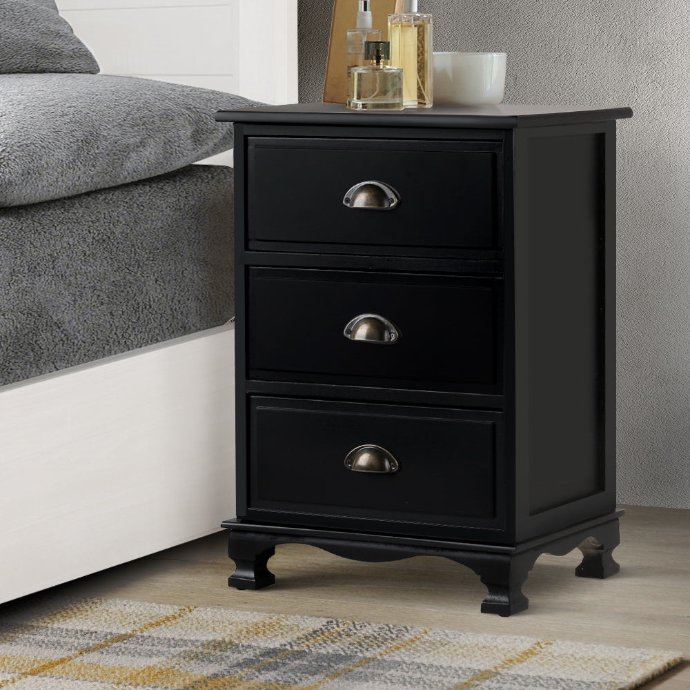 Vintage Style Retro 3 Drawer Bedside Table Chest of Drawers - Black Homecoze
