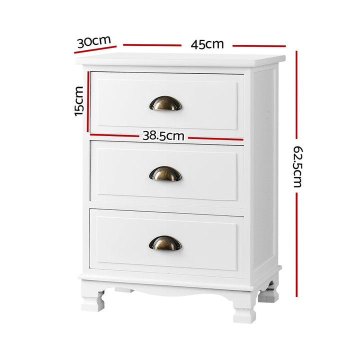 Vintage Style Retro 3 Drawer Bedside Table Chest of Drawers - White Homecoze