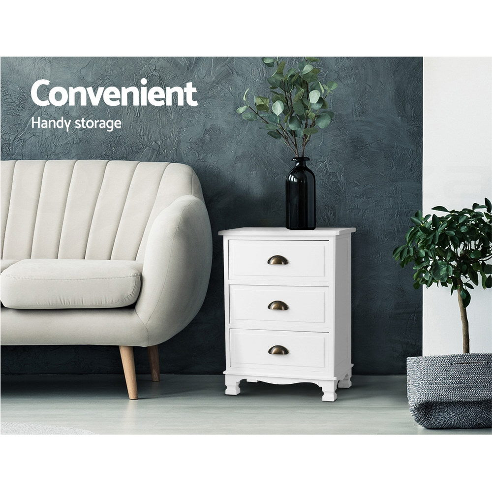 Vintage Style Retro 3 Drawer Bedside Table Chest of Drawers - White - Homecoze