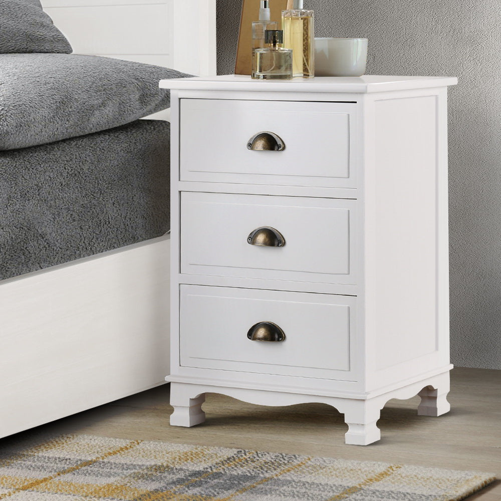 Vintage Style Retro 3 Drawer Bedside Table Chest of Drawers - White - Homecoze
