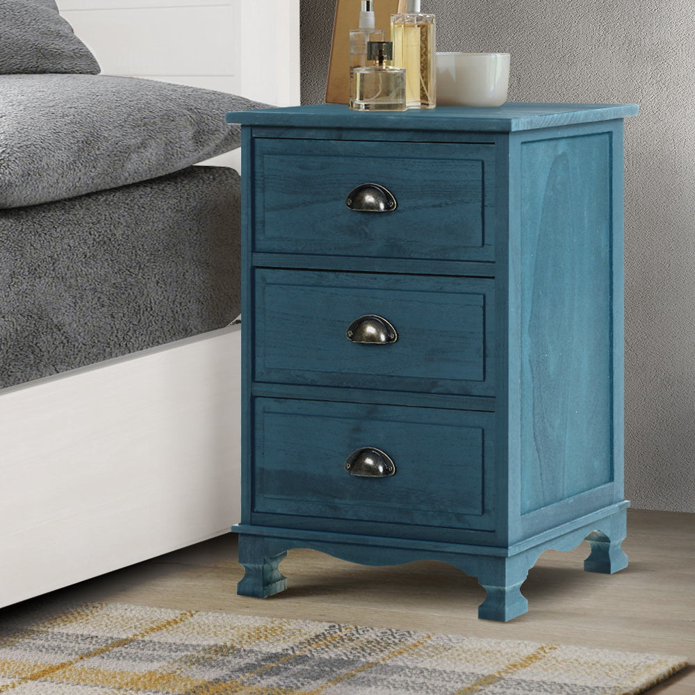 Vintage Style 3 Drawer Bedside Table - Blue Homecoze