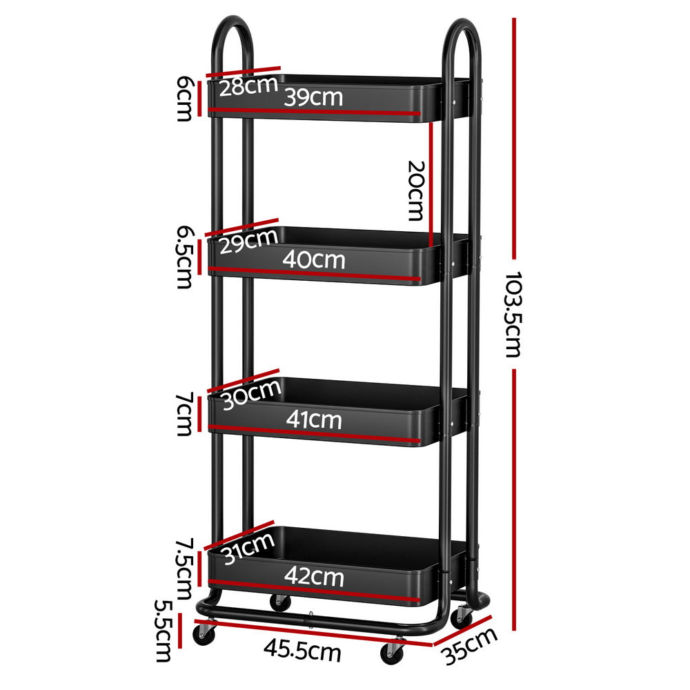 4-Tier Storage Trolley Kitchen Cart - Black - Homecoze