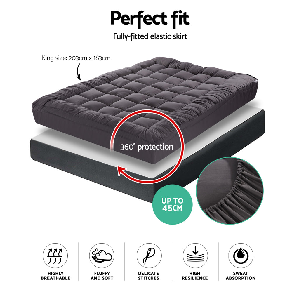 King Pillowtop Mattress Topper 1000GSM Charcoal Microfibre Bamboo Filling Homecoze