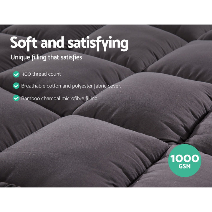 King Pillowtop Mattress Topper 1000GSM Charcoal Microfibre Bamboo Filling Homecoze